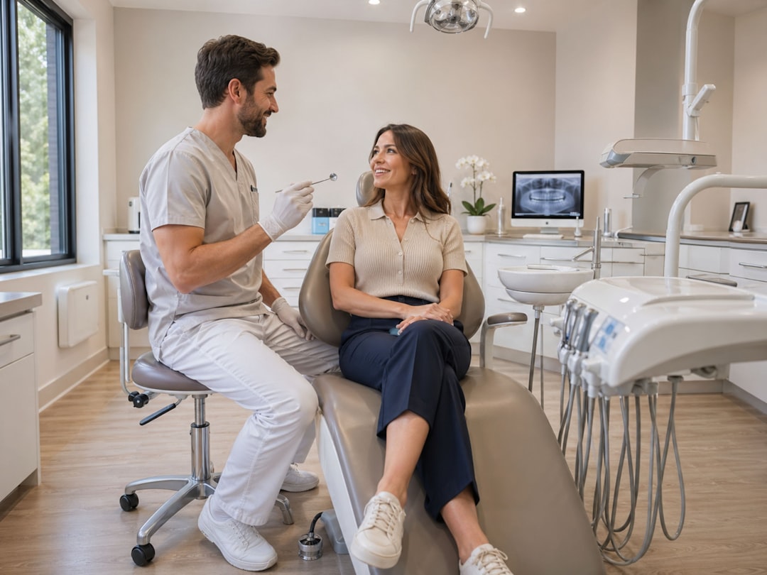 Dentist explaining clear braces treatment to an adult patient in a Berkeley dental office
